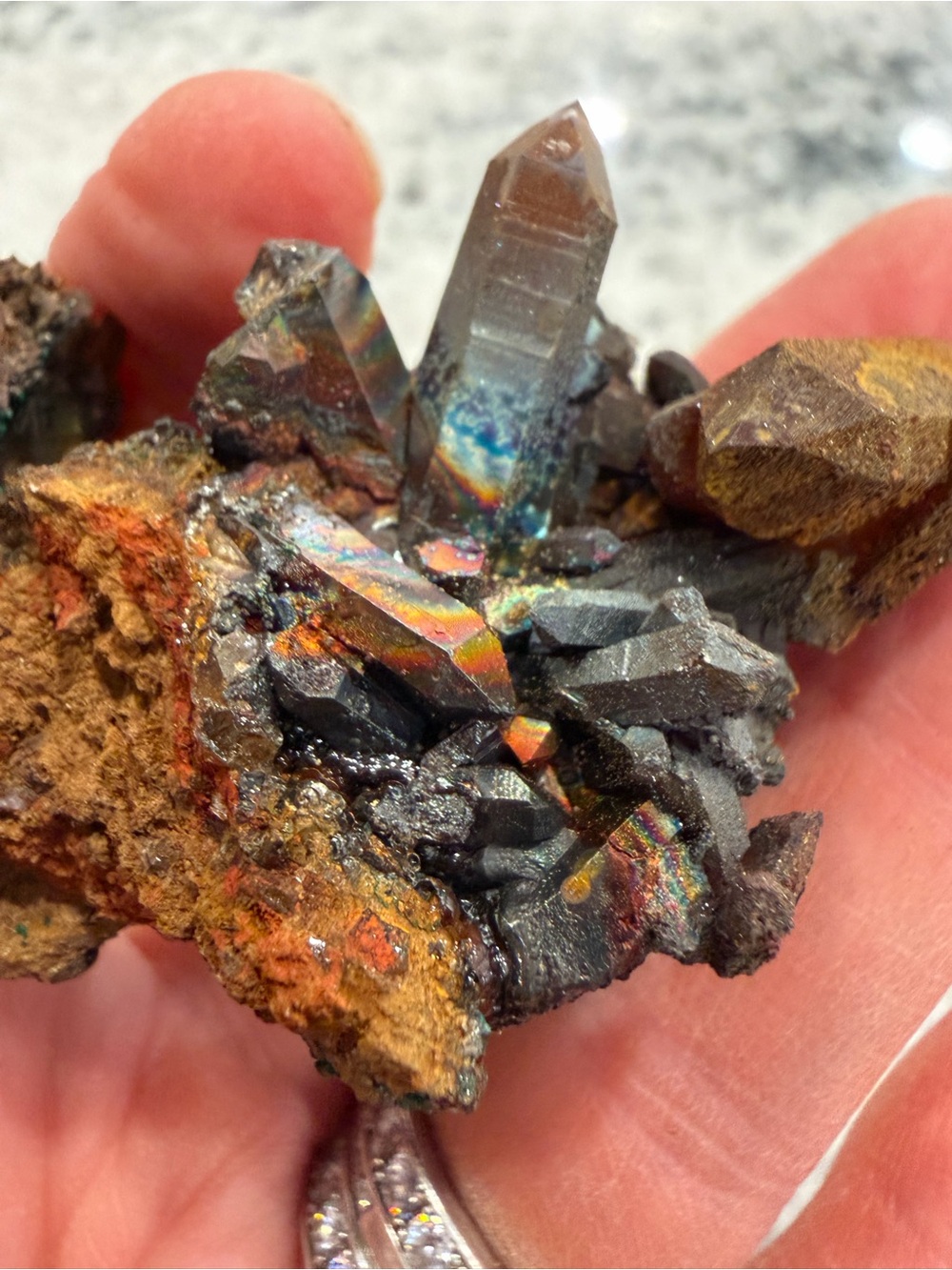 Iridescent Titanium Aura Quartz Cluster Specimen- Black and Rainbow